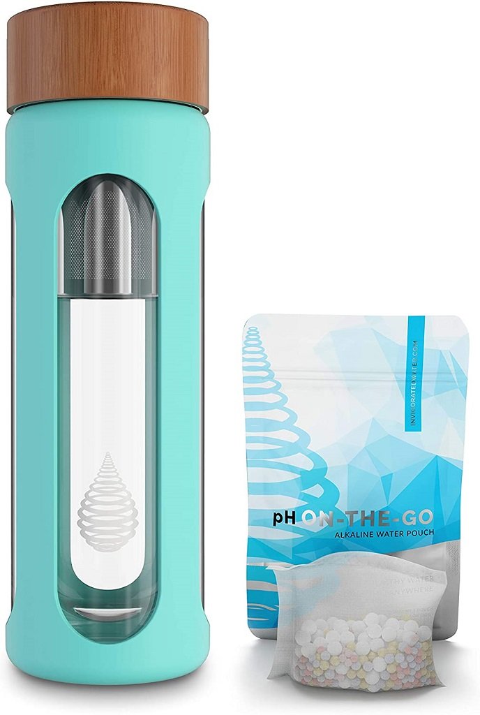 pH Hydrate Glass alkaline water bottle in aqua with pH on-the-go-pouch next to it