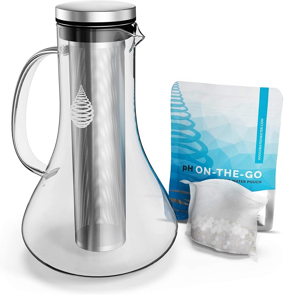 pH Replenish Glass Alkaline Water Pitcher on white background shown with pH on-the-go pouch