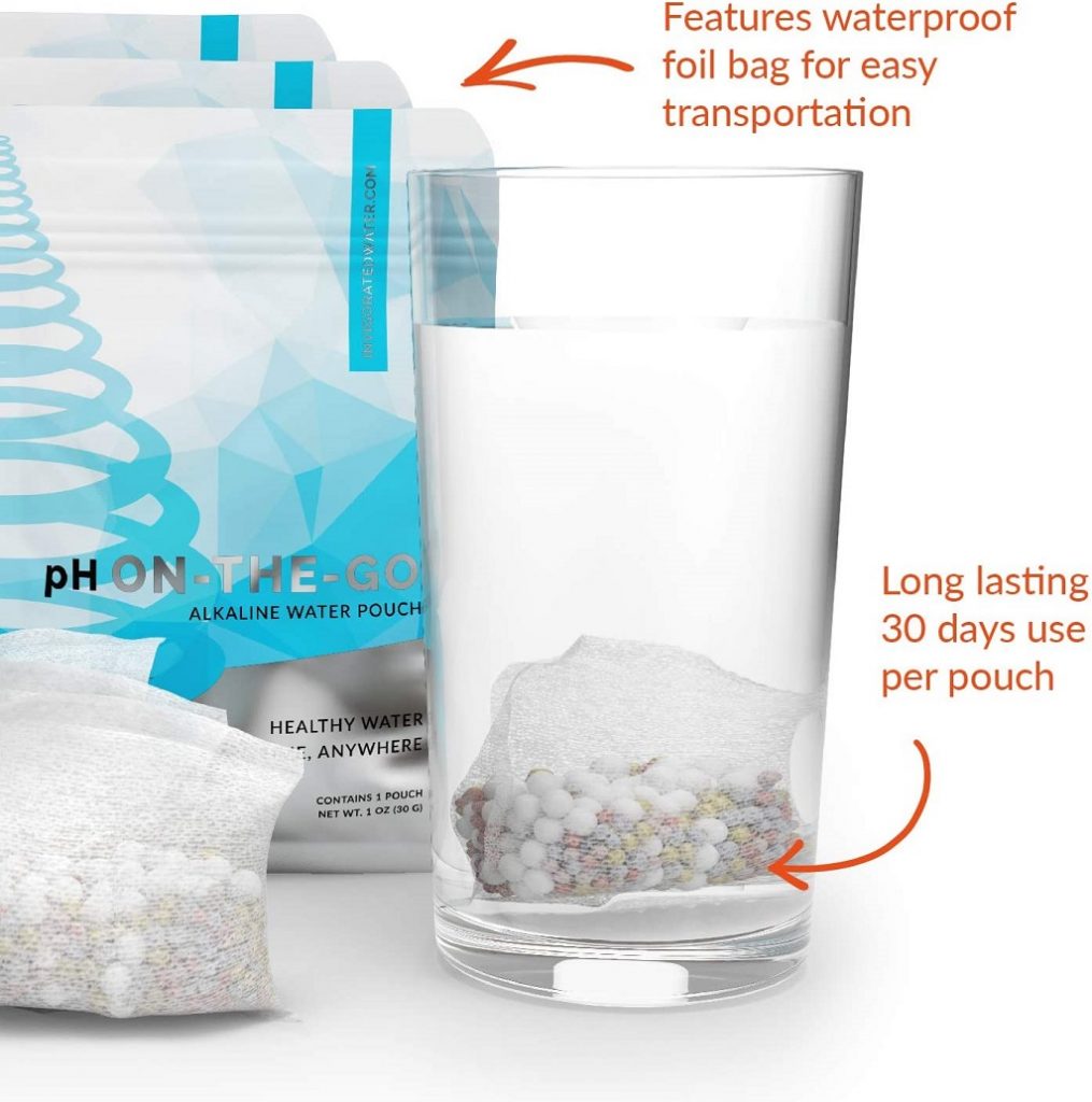 pH on the go water pouch shown in a glass of water