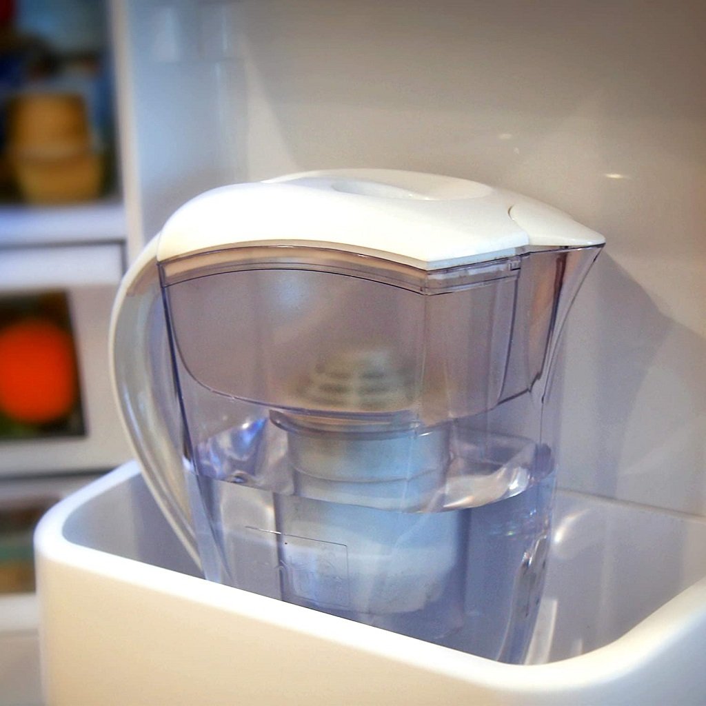 Santevia water filter pitcher inside the refrigerator